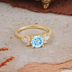 Elegant 6 Prong Round Cut Cluster Aquamarine Engagement Ring