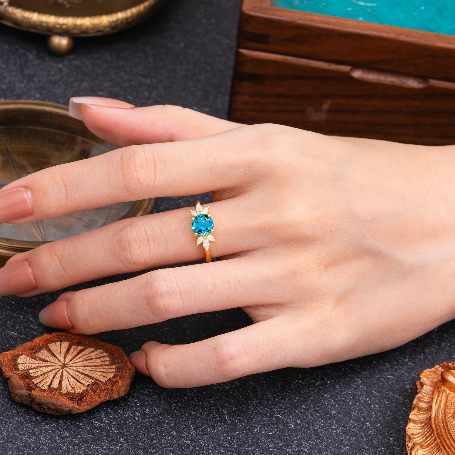 Elegant 6 Prong Round Cut Cluster Aquamarine Engagement Ring