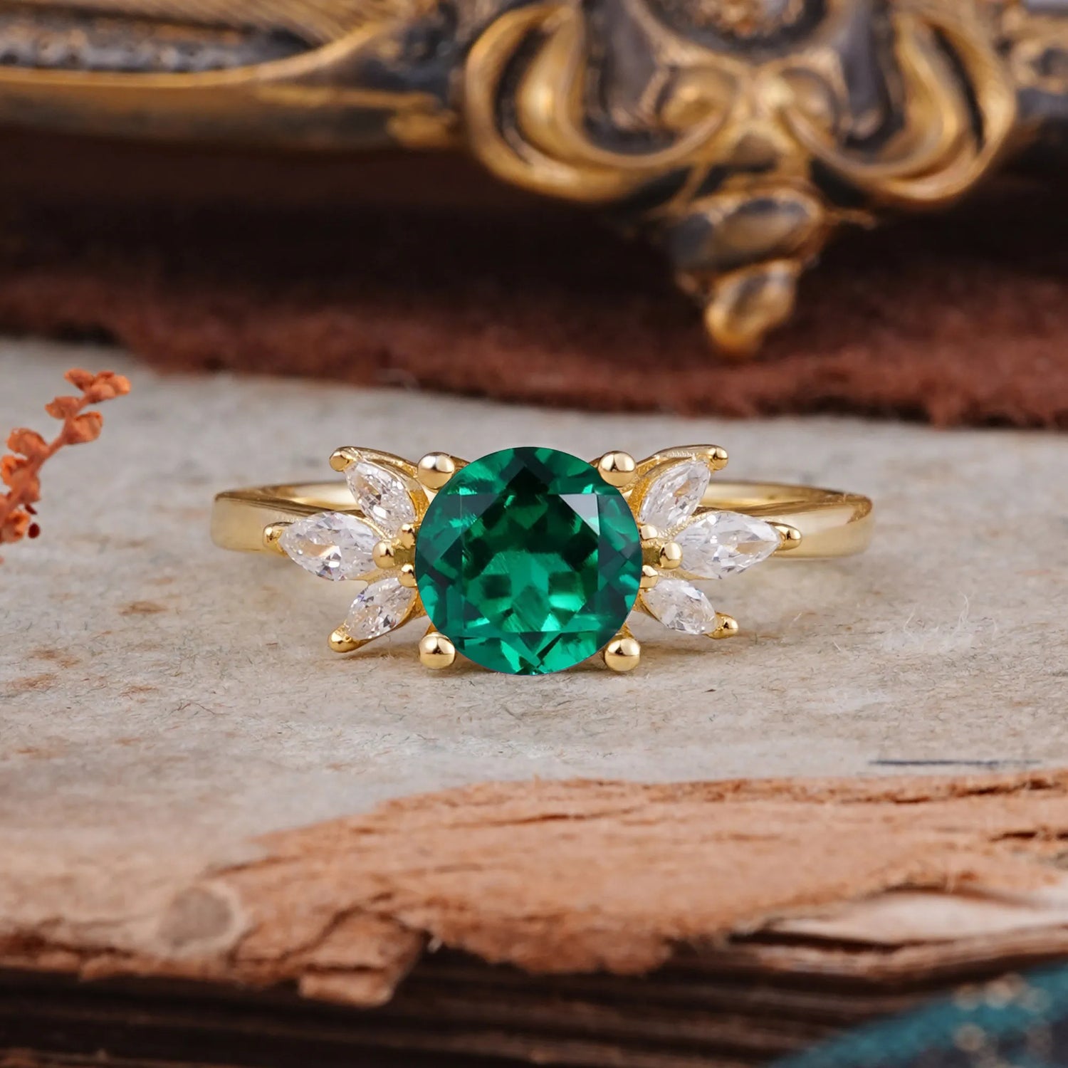 Elegant 6 Prong Round Cut Cluster Emerald Engagement Ring