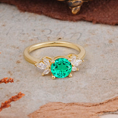 Elegant 6 Prong Round Cut Cluster Emerald Engagement Ring