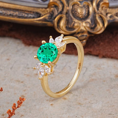 Elegant 6 Prong Round Cut Cluster Emerald Engagement Ring
