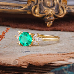 Elegant 6 Prong Round Cut Cluster Emerald Engagement Ring