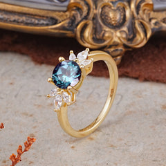 Elegant 6 Prong Round Cut Cluster Alexandrite Engagement Ring