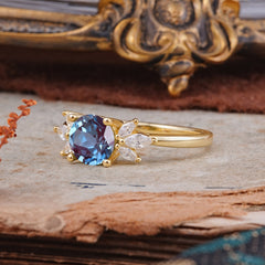 Elegant 6 Prong Round Cut Cluster Alexandrite Engagement Ring