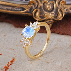 Elegant 6 Prong Round Cut Cluster Moonstone Engagement Ring