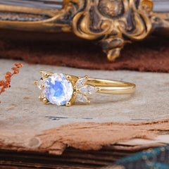 Elegant 6 Prong Round Cut Cluster Moonstone Engagement Ring