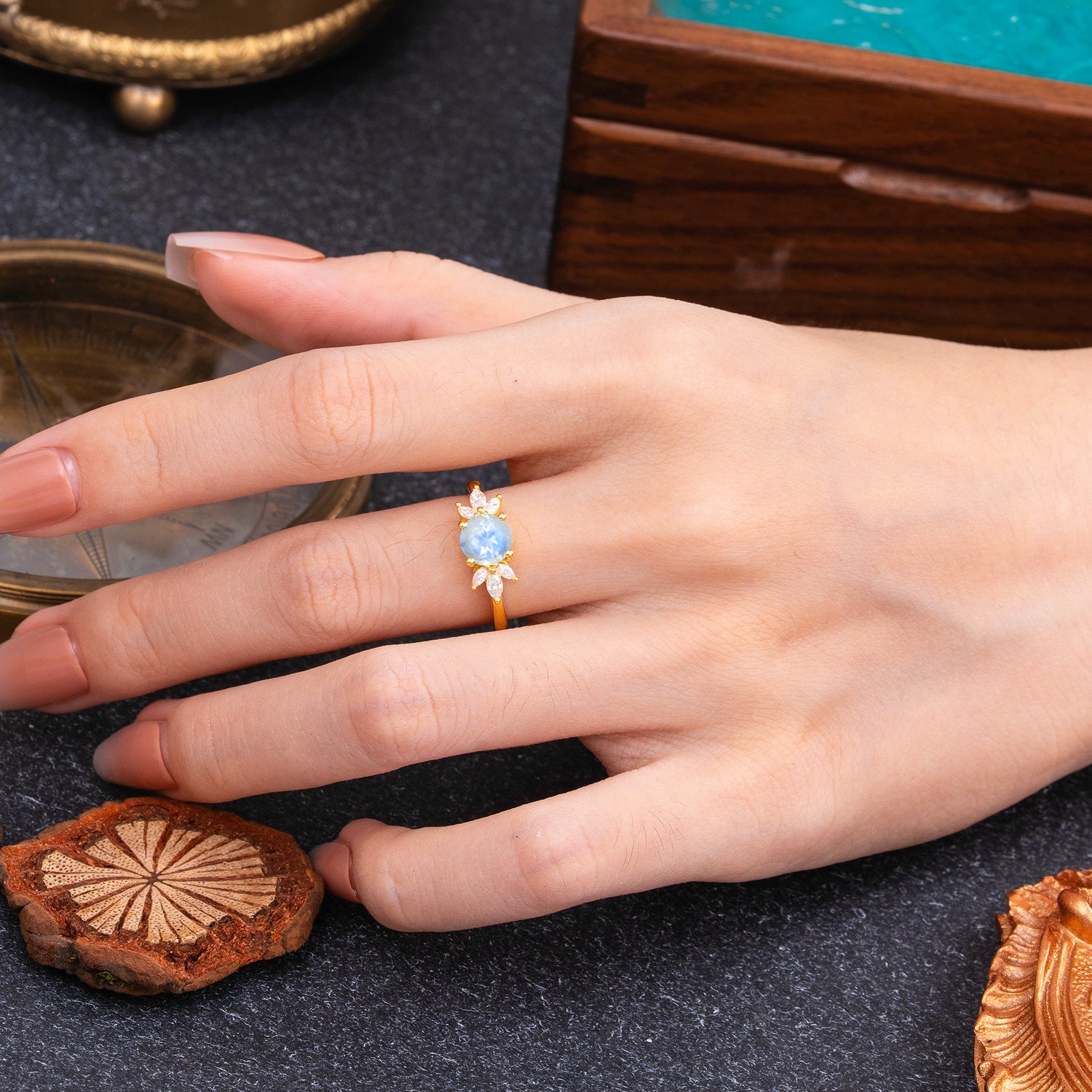 Elegant 6 Prong Round Cut Cluster Moonstone Engagement Ring