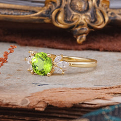 Elegant 6 Prong Round Cut Cluster Peridot Engagement Ring