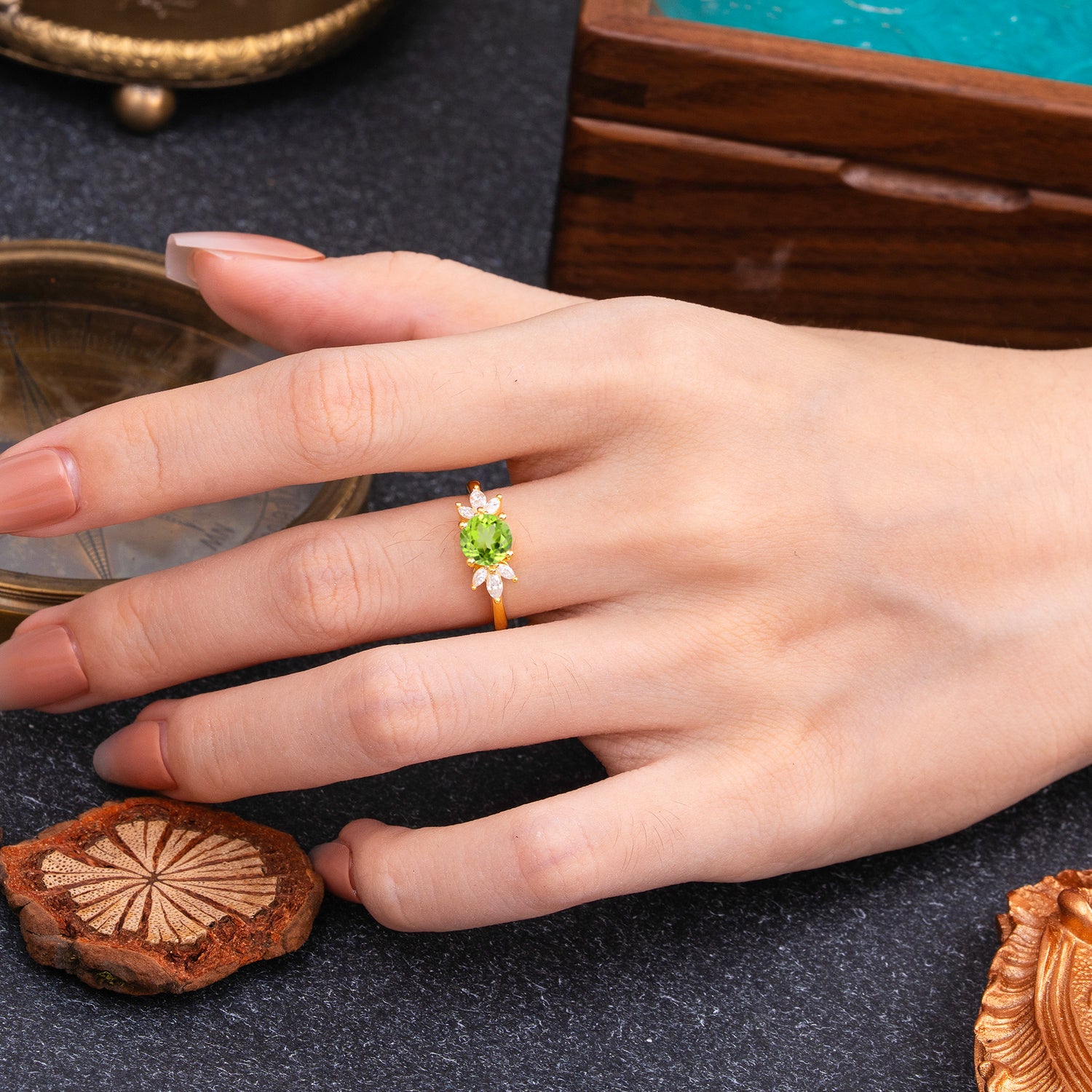 Elegant 6 Prong Round Cut Cluster Peridot Engagement Ring