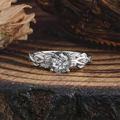 Vintage 4-Prong Round Cut Black Rutilated Quartz Engagement Ring