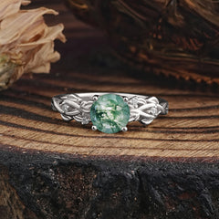 Vintage 4-Prong Round Cut Natural Moss Agate Engagement Ring
