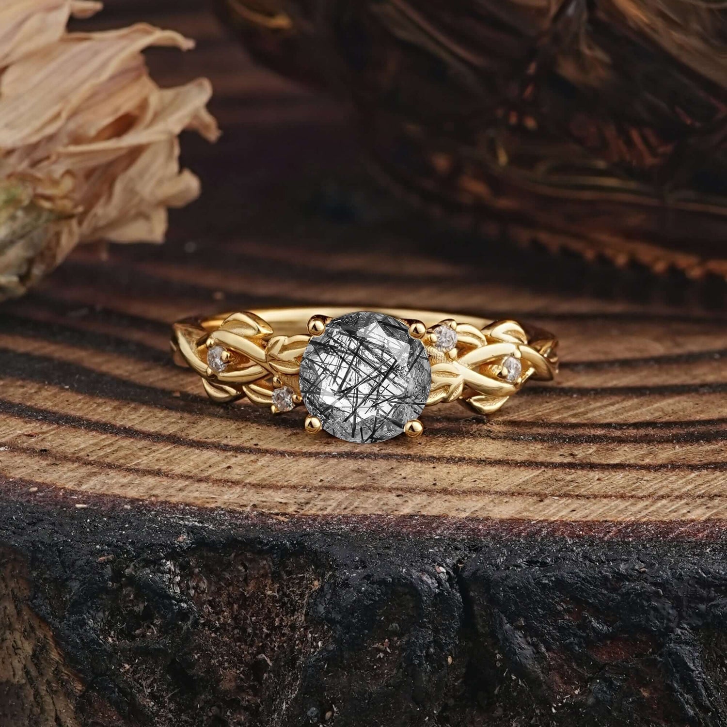 Vintage 4-Prong Round Cut Black Rutilated Quartz Engagement Ring