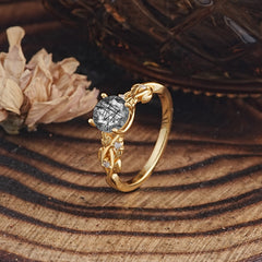 Vintage 4-Prong Round Cut Black Rutilated Quartz Engagement Ring