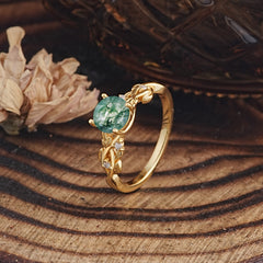 Vintage 4-Prong Round Cut Natural Moss Agate Engagement Ring