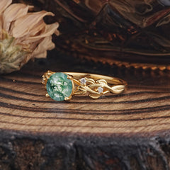 Vintage 4-Prong Round Cut Natural Moss Agate Engagement Ring
