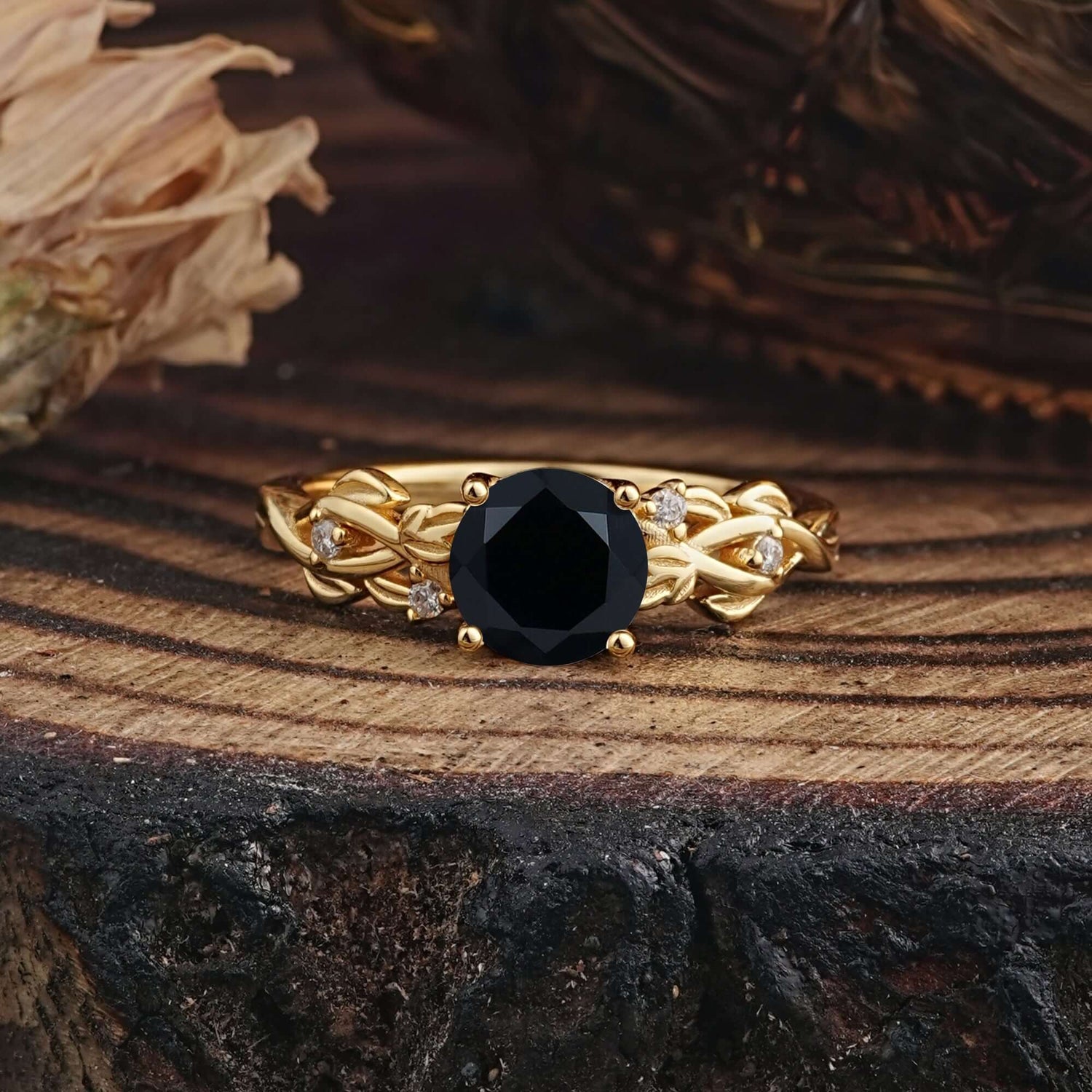 Vintage 4-Prong Round Cut Black Onyx Engagement Ring
