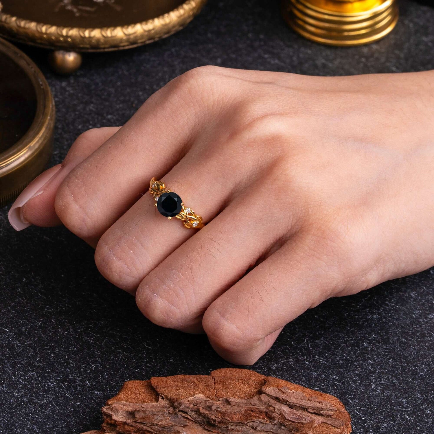 Vintage 4-Prong Round Cut Black Onyx Engagement Ring