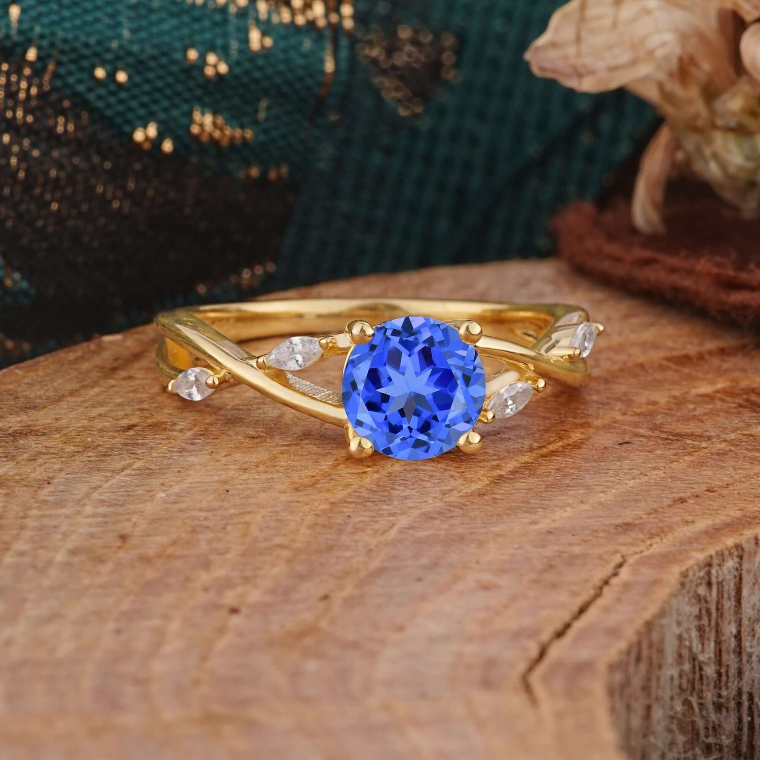 Vintage Round Cut Twisted Band Sapphire Engagement Ring for Women - Romalar Jewelry