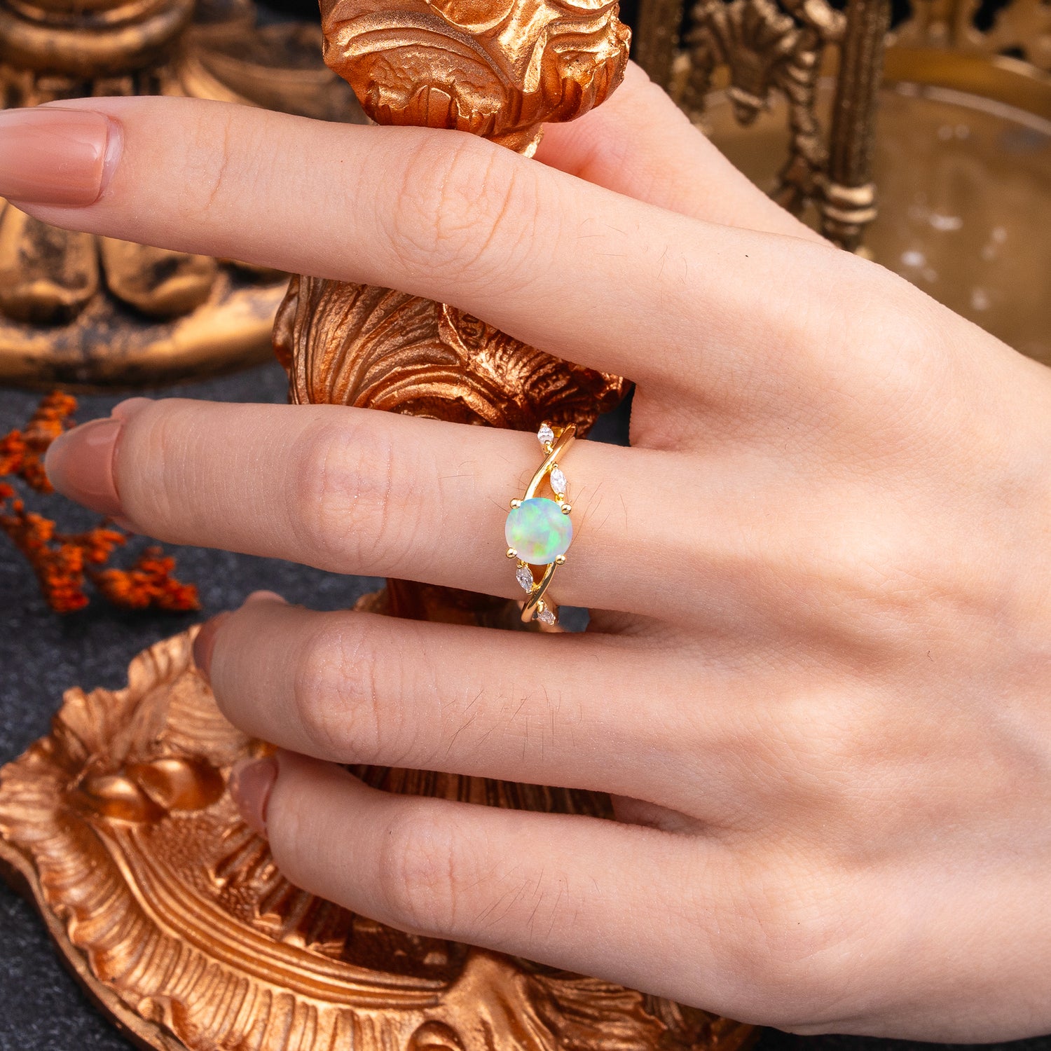 Vintage Round Cut Twisted Band Opal Engagement Ring for Women
