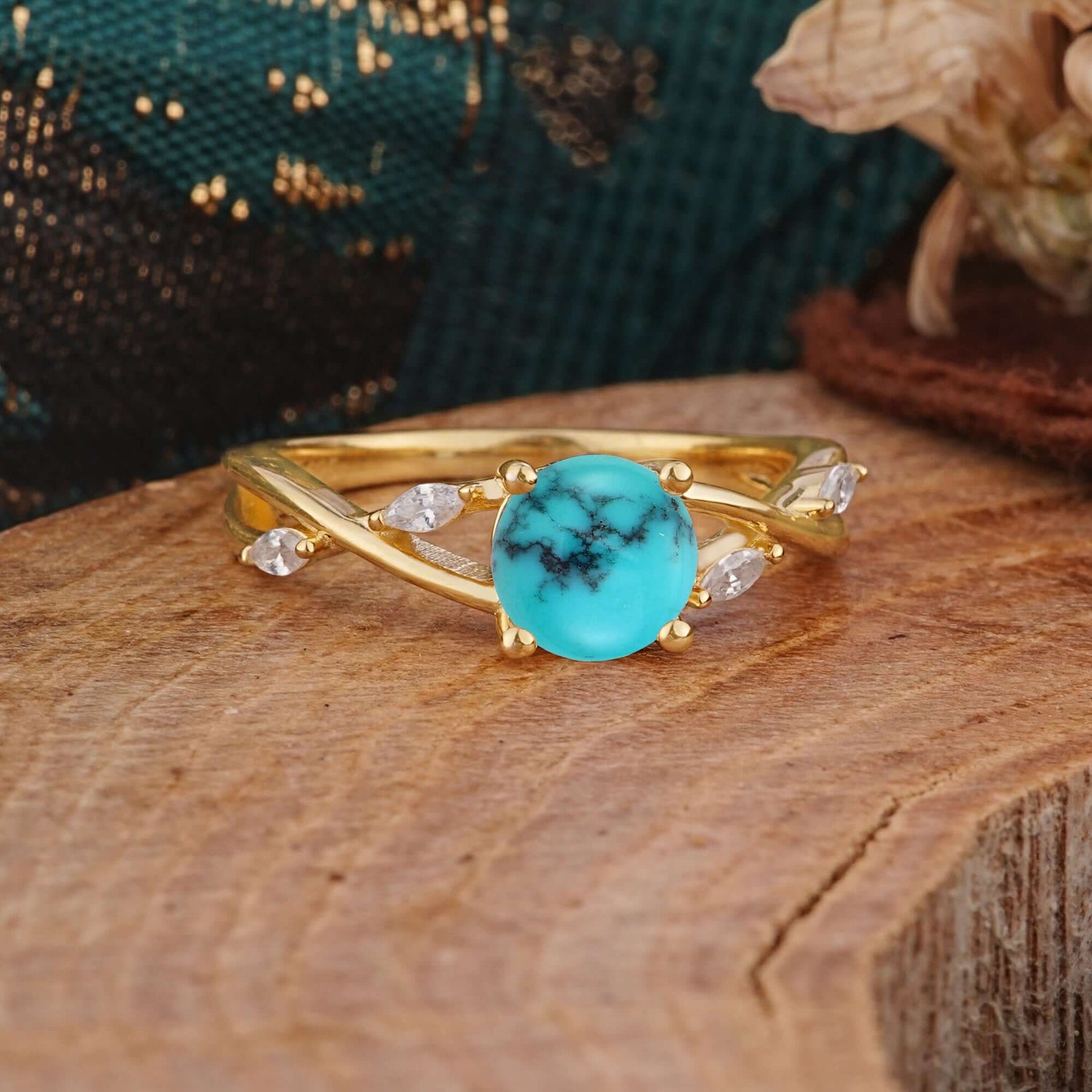 Vintage Round Cut Twisted Band Turquoise Engagement Ring for Women