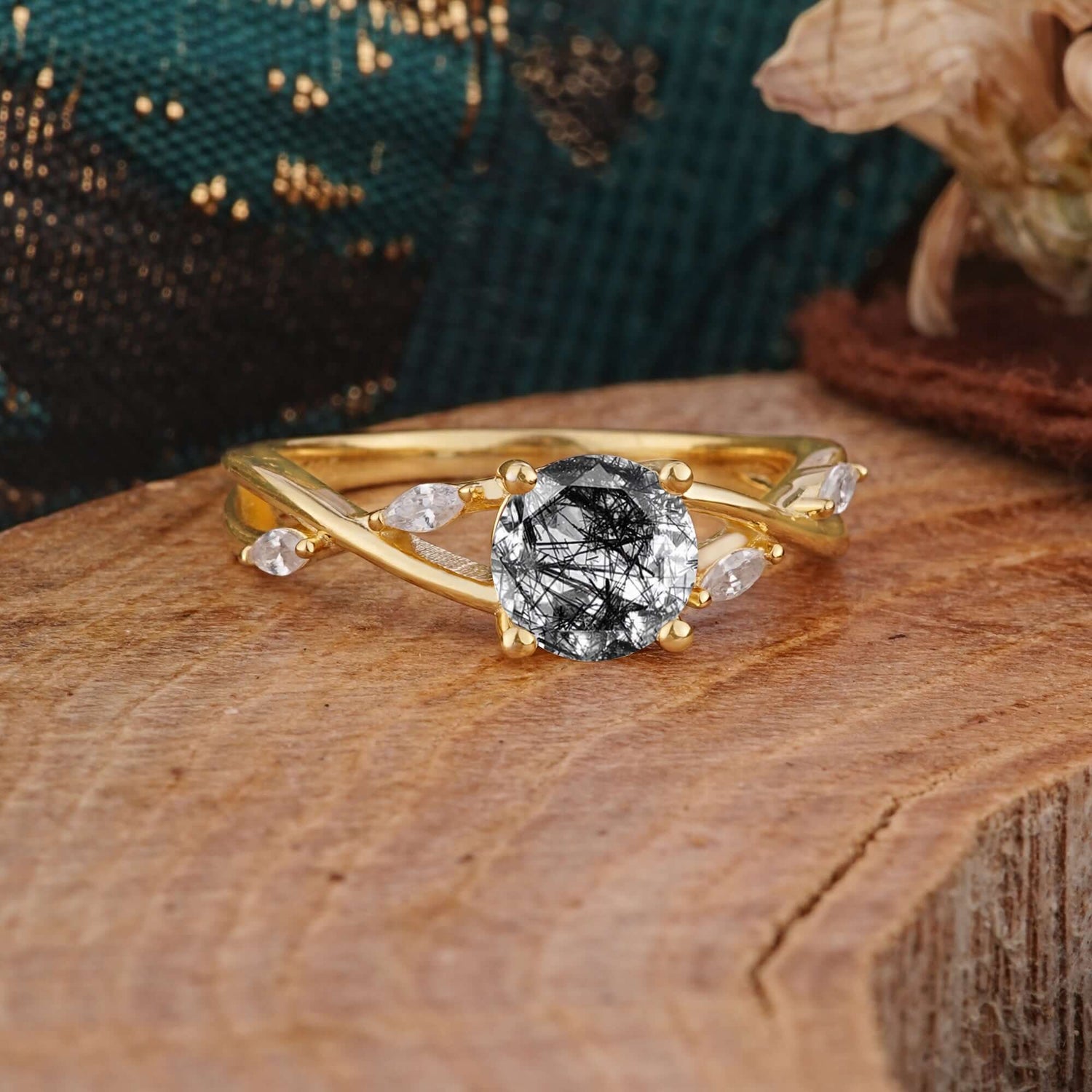 Vintage Round Cut Twisted Band Black Rutilated Quartz Engagement Ring for Women