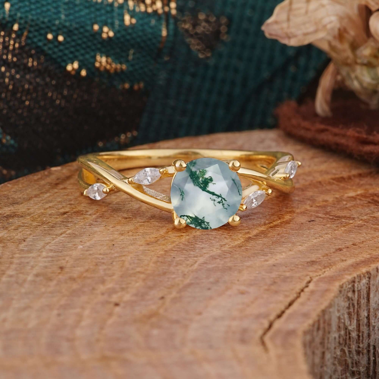 Vintage Round Cut Twisted Band Moss Agate Engagement Ring for Women