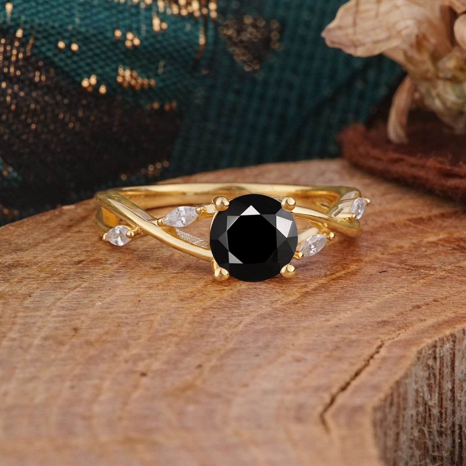 Vintage Round Cut Twisted Band Black Onyx Engagement Ring for Women - Romalar Jewelry
