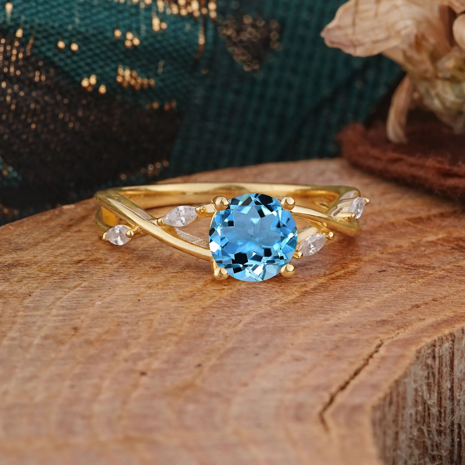 Vintage Round Cut Twisted Band Aquamarine Engagement Ring for Women