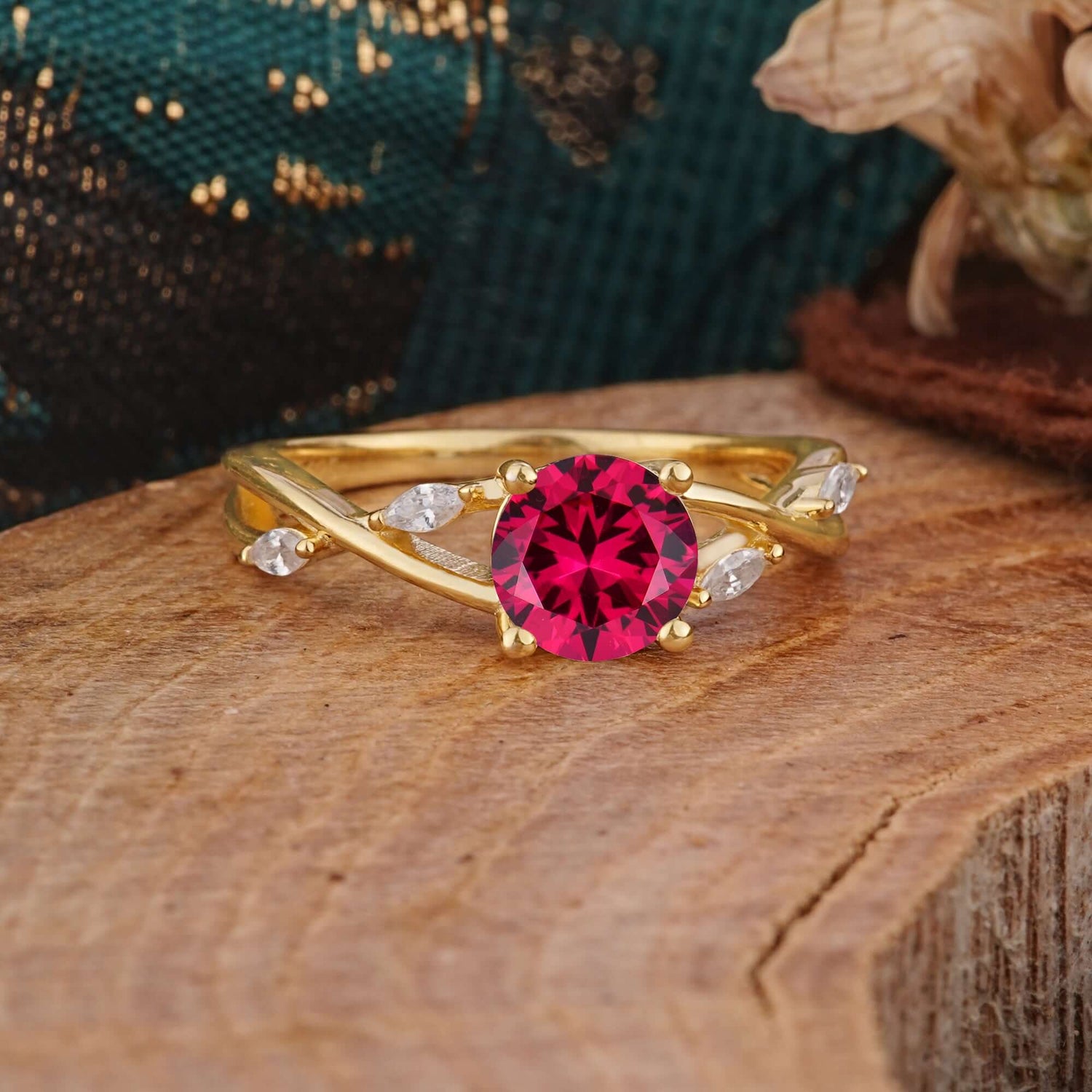Vintage Round Cut Twisted Band Ruby Engagement Ring for Women