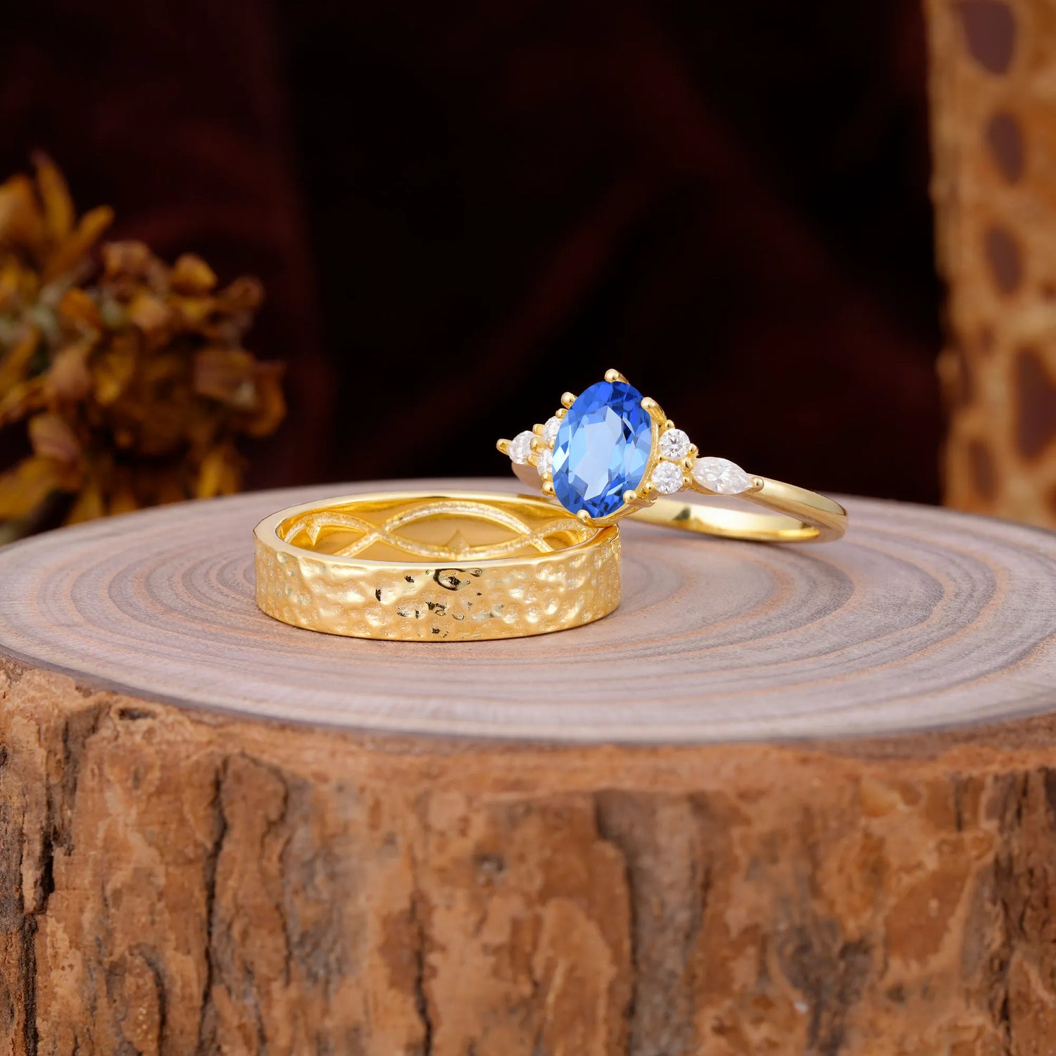 Luxurious 6-Prong Oval-Cut Sapphire Engagement Couple Rings