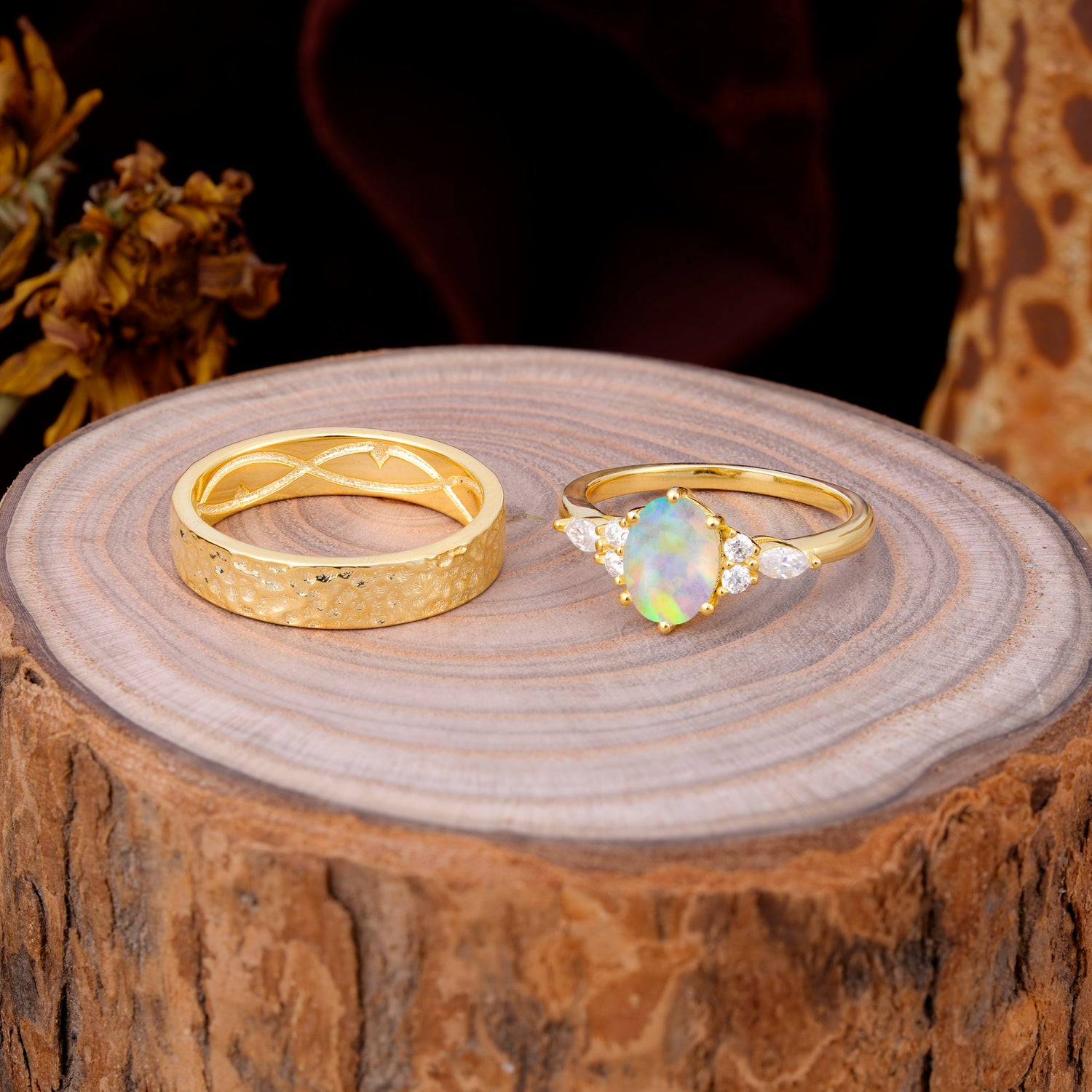 Luxurious 6-Prong Oval-Cut Opal Engagement Couple Rings