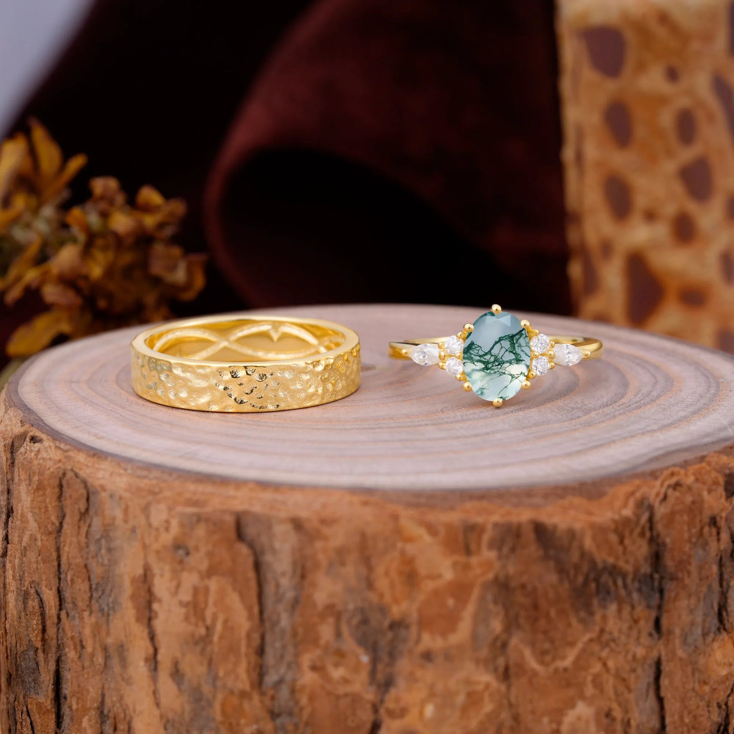 Luxurious 6-Prong Oval-Cut Moss Agate Engagement Couple Rings