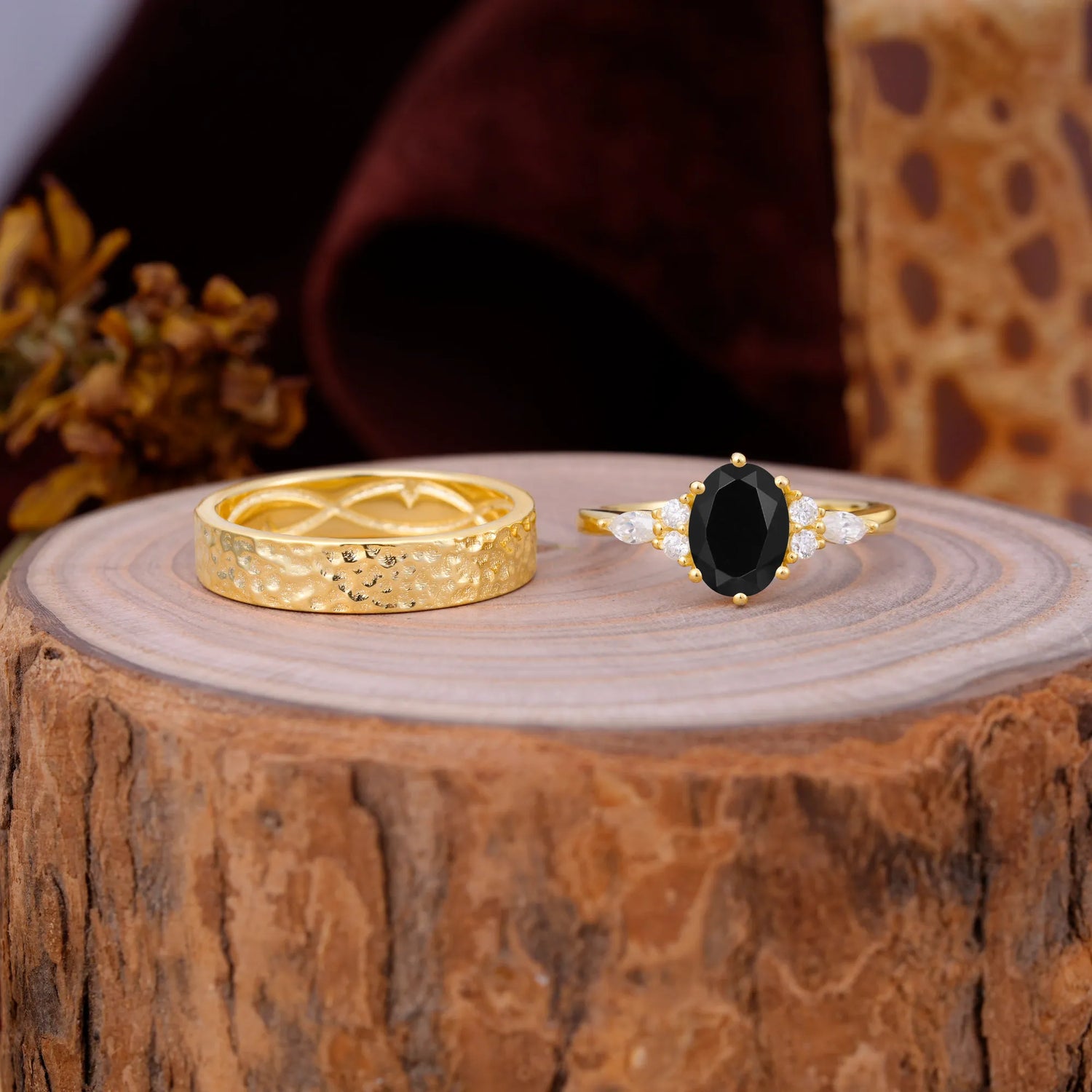 Luxurious 6-Prong Oval-Cut Black Onyx Engagement Couple Rings