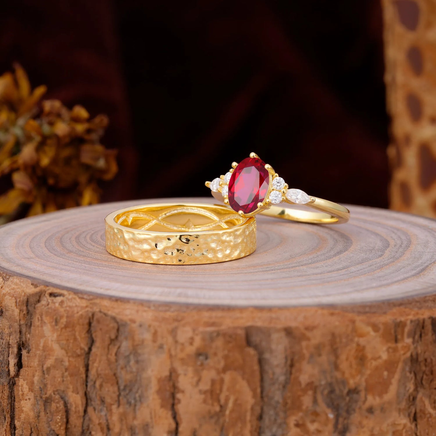 Luxurious 6-Prong Oval-Cut Ruby Engagement Couple Rings