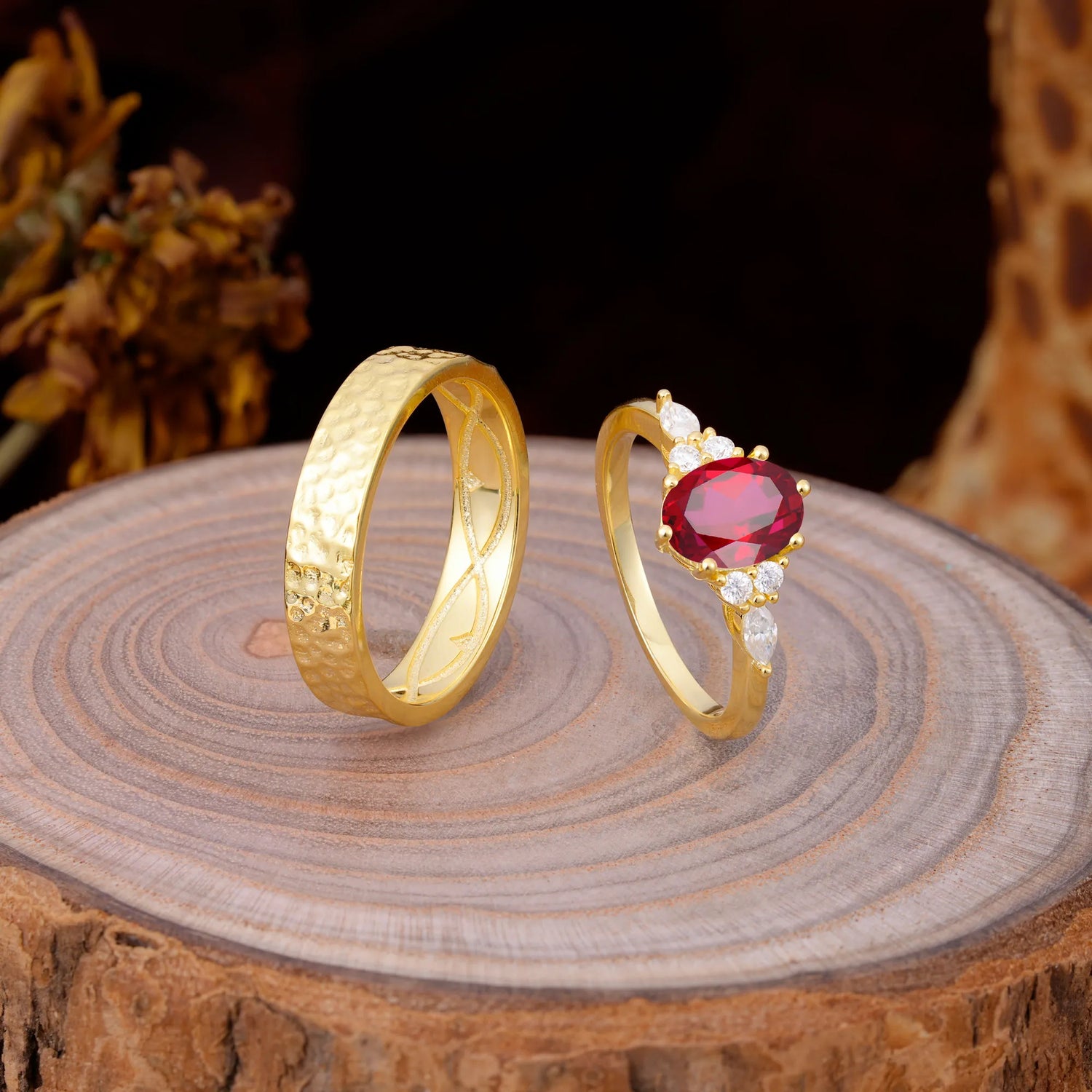 Luxurious 6-Prong Oval-Cut Ruby Engagement Couple Rings