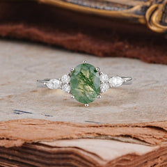 Luxury Legacy 6-Prong Oval-Cut Natural Moss Agate Engagement Ring