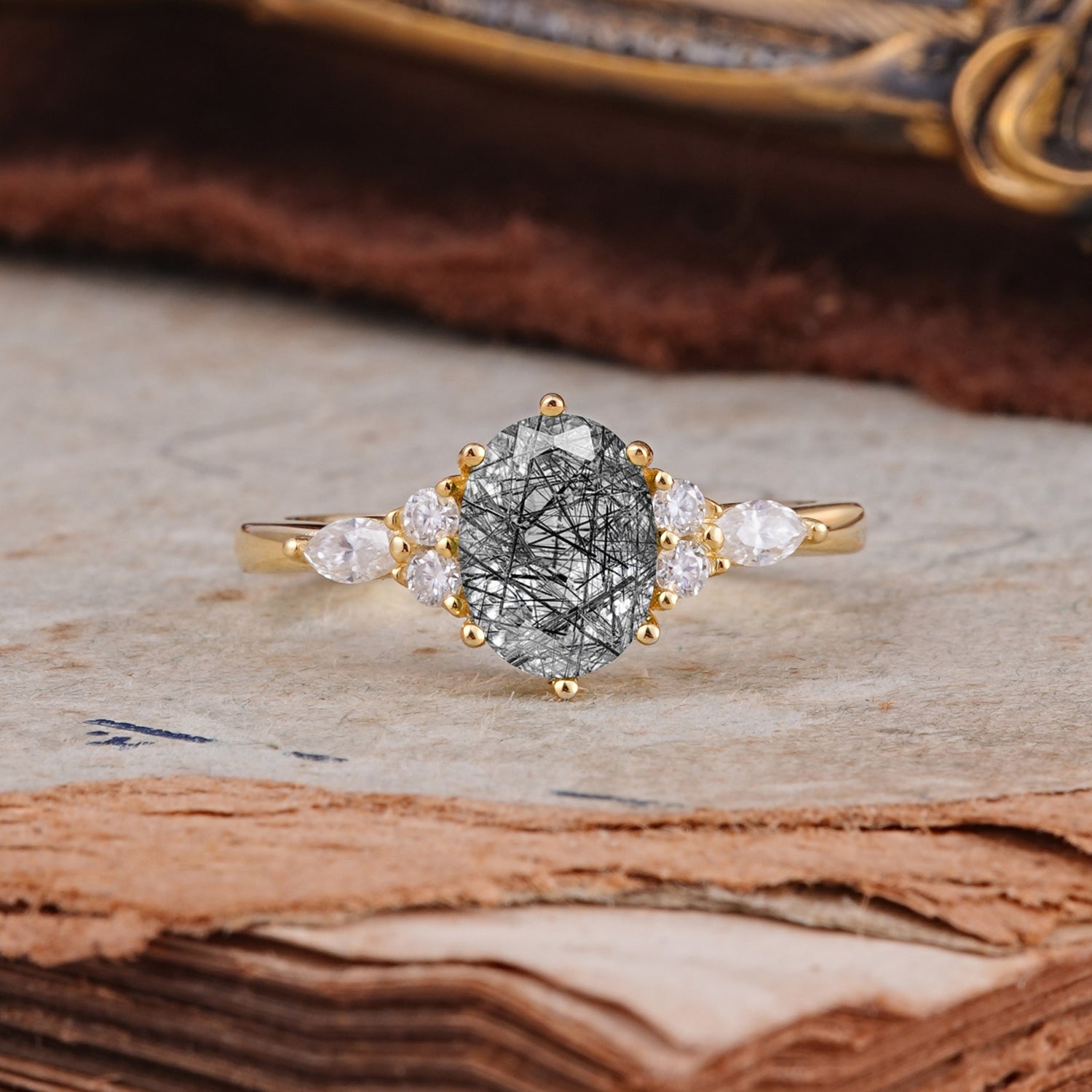 Luxury Legacy 6-Prong Oval-Cut Black Rutilated Quartz Engagement Ring