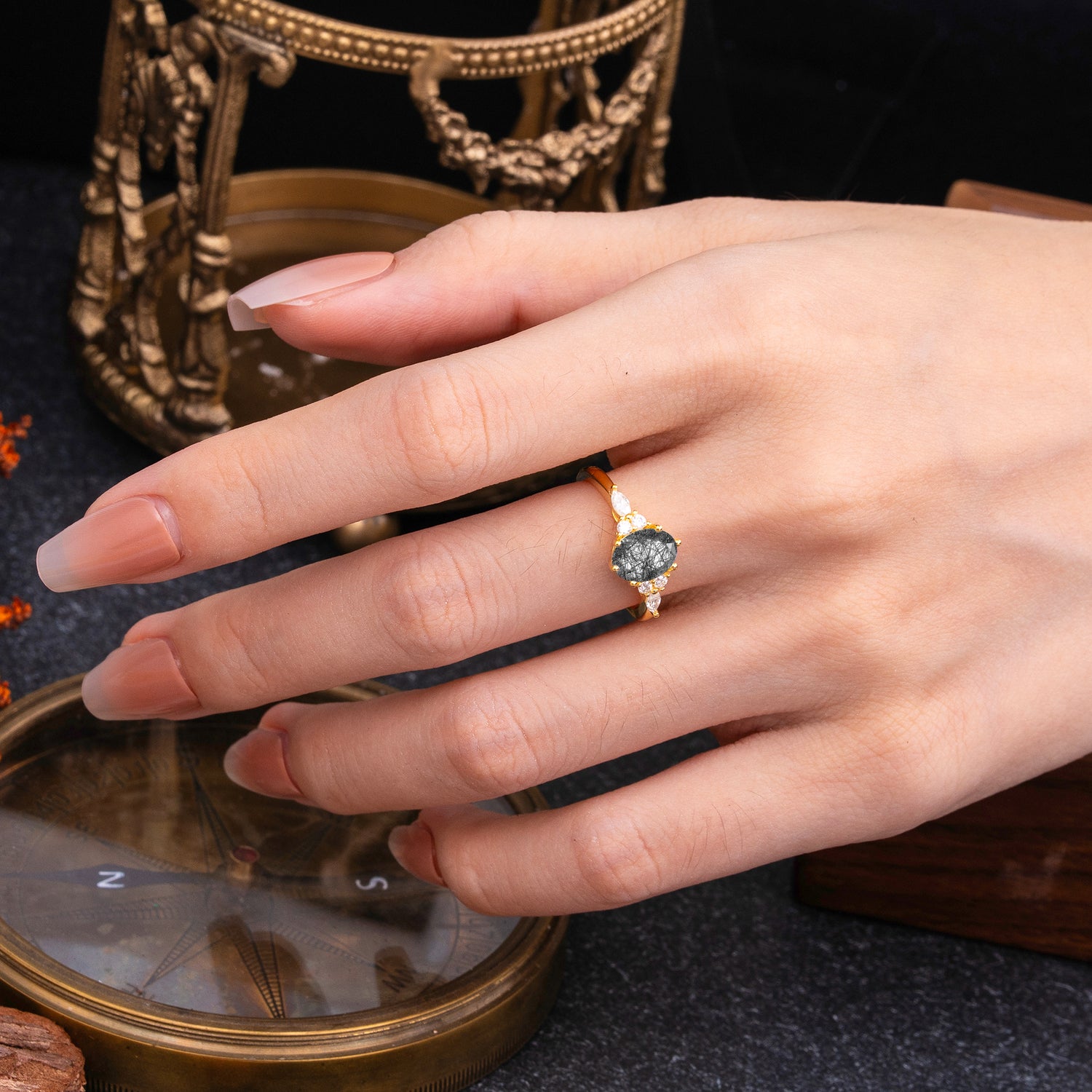 Luxury Legacy 6-Prong Oval-Cut Black Rutilated Quartz Engagement Ring