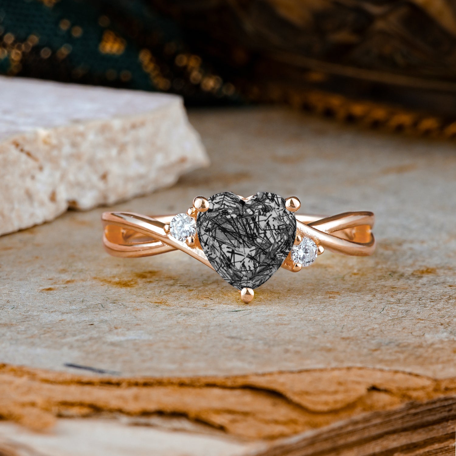Infinity Twist Heart Shaped Black Rutilated Quartz Engagement Ring