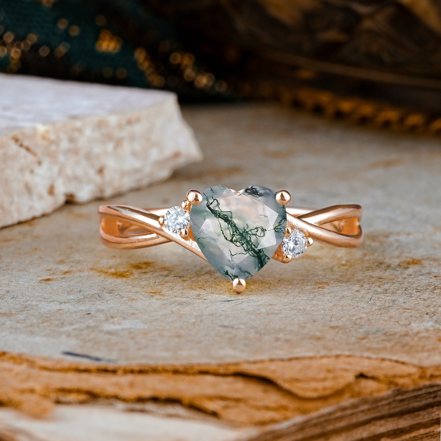 Infinity Twist Heart Shaped Moss Agate Engagement Ring