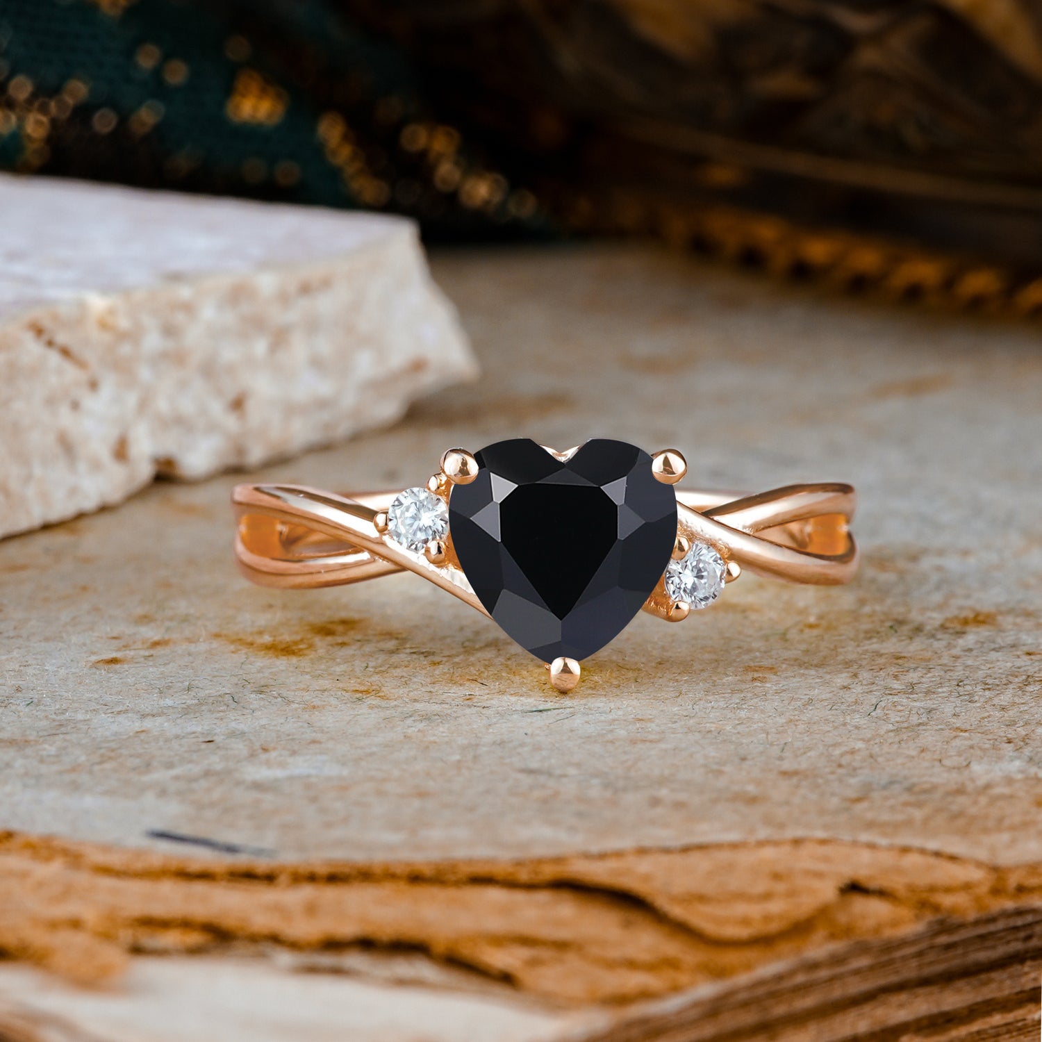 Infinity Twist Heart Shaped Black Onyx Engagement Ring