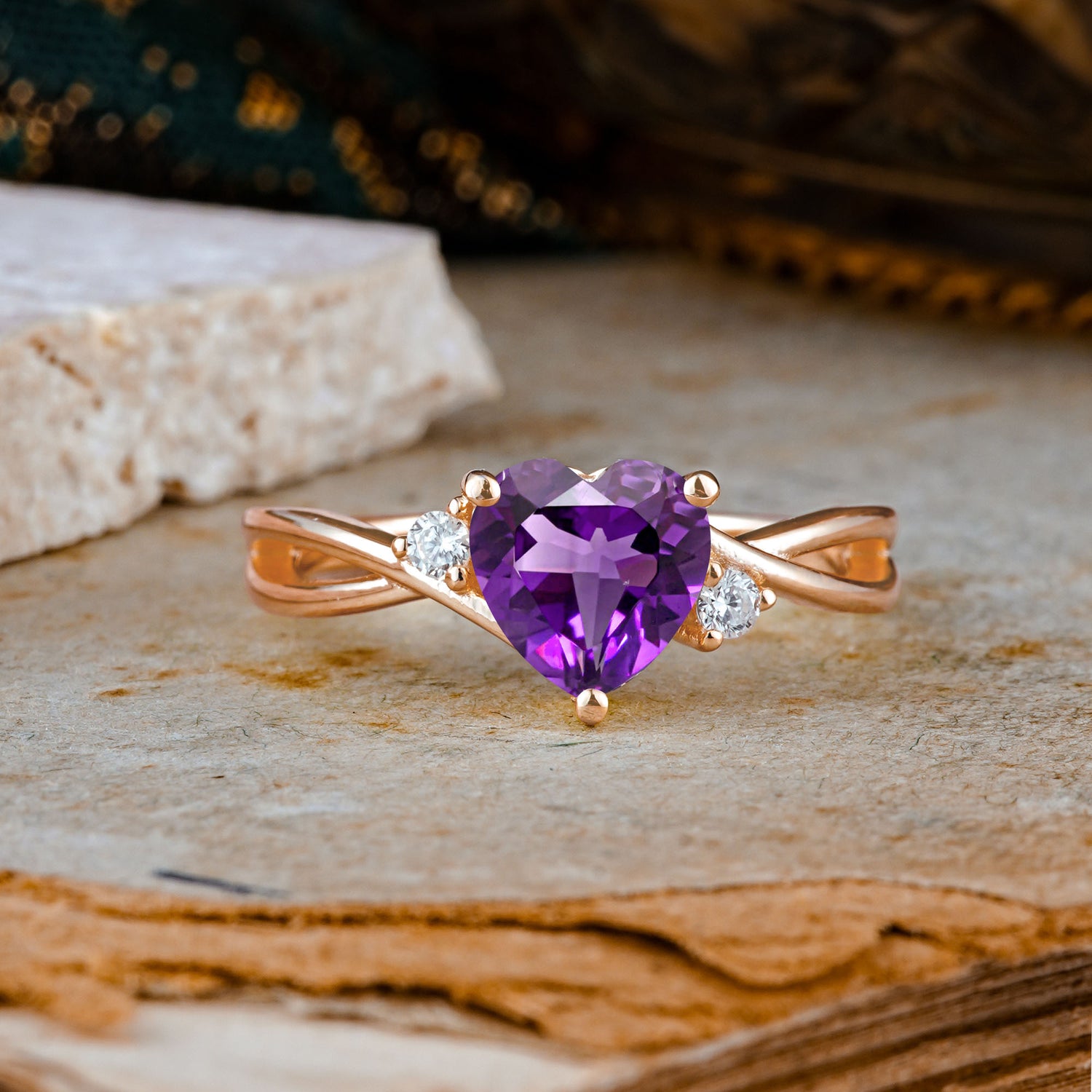 Infinity Twist Heart Shaped Amethyst Engagement Ring