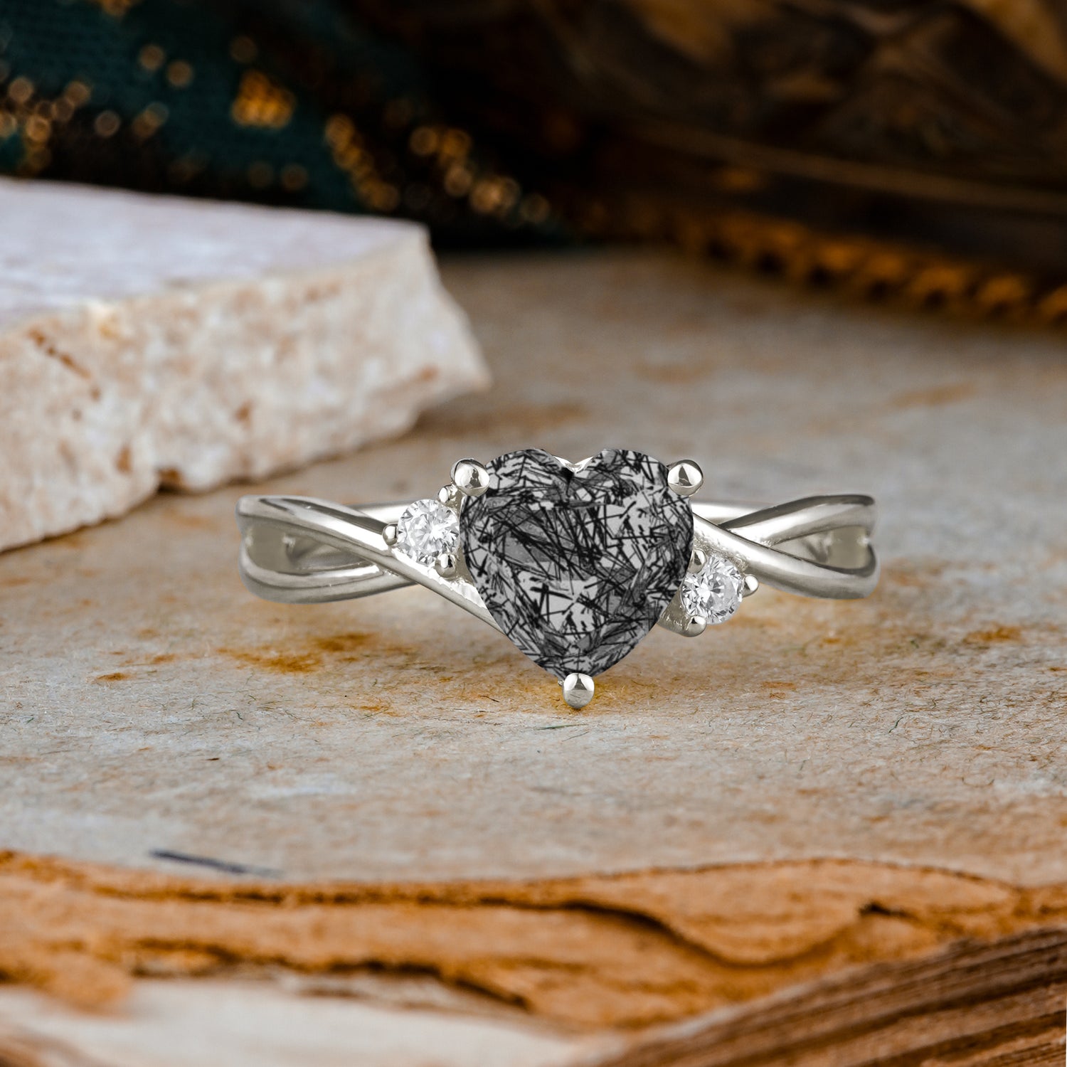 Infinity Twist Heart Shaped Black Rutilated Quartz Engagement Ring