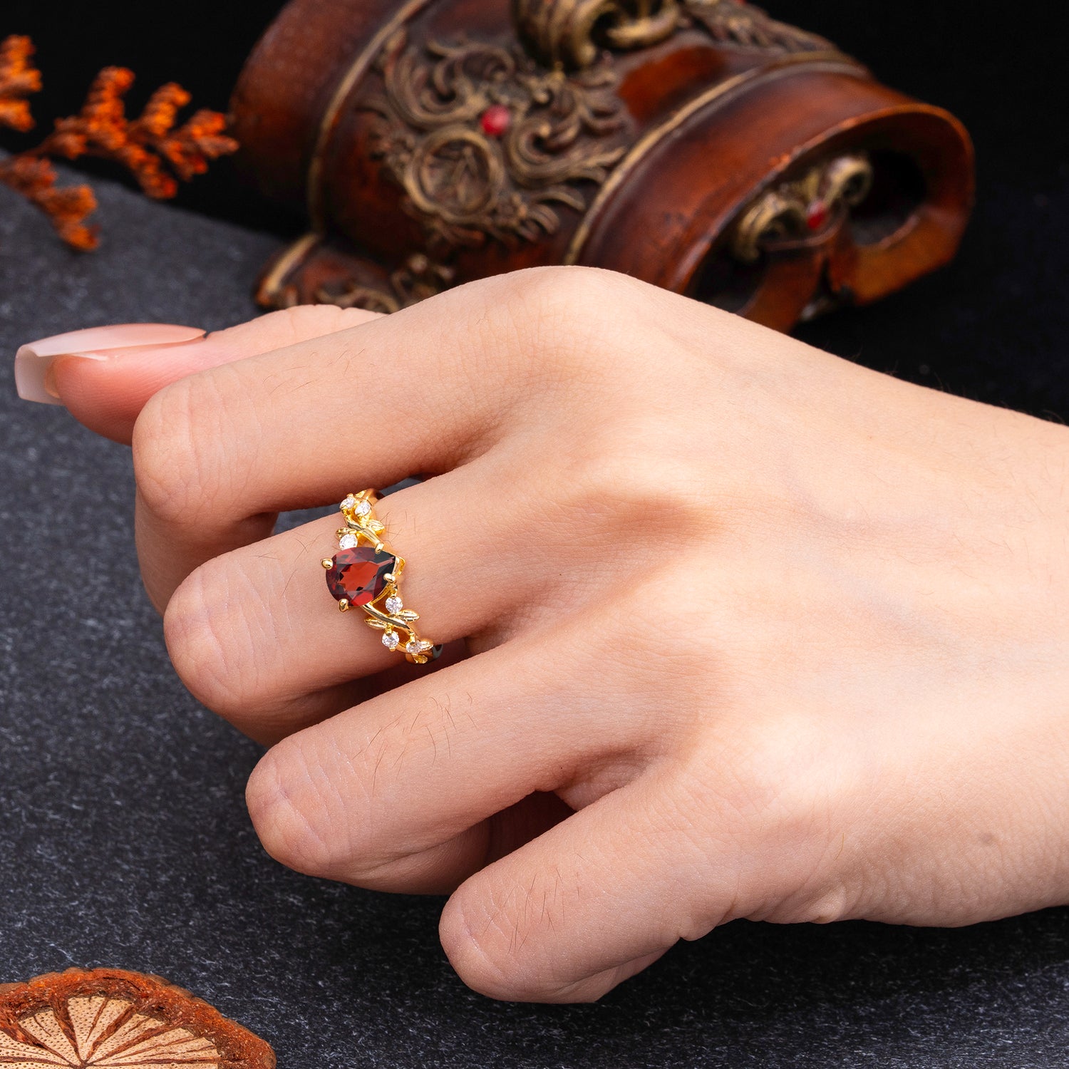 4 Prong Natural Inspired Ring Floral Natural Garnet Engagement Ring Pear Cut Ring