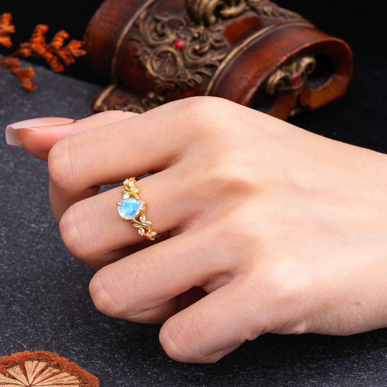 4 Prong Natural Inspired Ring Floral Moonstone Engagement Ring Pear Cut Ring