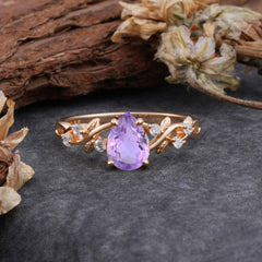 4 Prong Natural Inspired Ring Floral Natural Amethyst Engagement Ring Pear Cut Ring