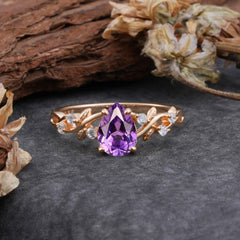 4 Prong Natural Inspired Ring Floral Natural Amethyst Engagement Ring Pear Cut Ring