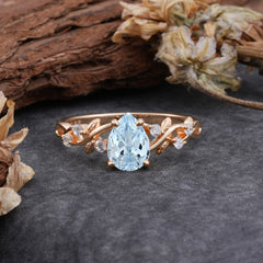4 Prong Natural Inspired Ring Floral Natural Aquamarine Engagement Ring Pear Cut Ring