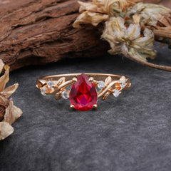 4 Prong Natural Inspired Ring Floral Natural Ruby Engagement Ring Pear Cut Ring