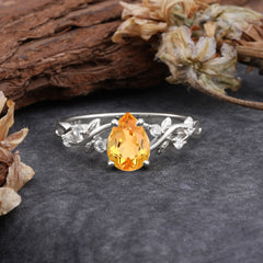 4 Prong Natural Inspired Ring Floral Citrine Engagement Ring Pear Cut Ring